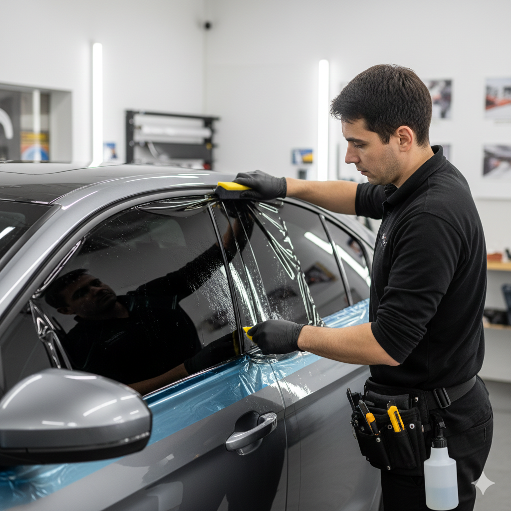 Car with tinted windows being installed by technician